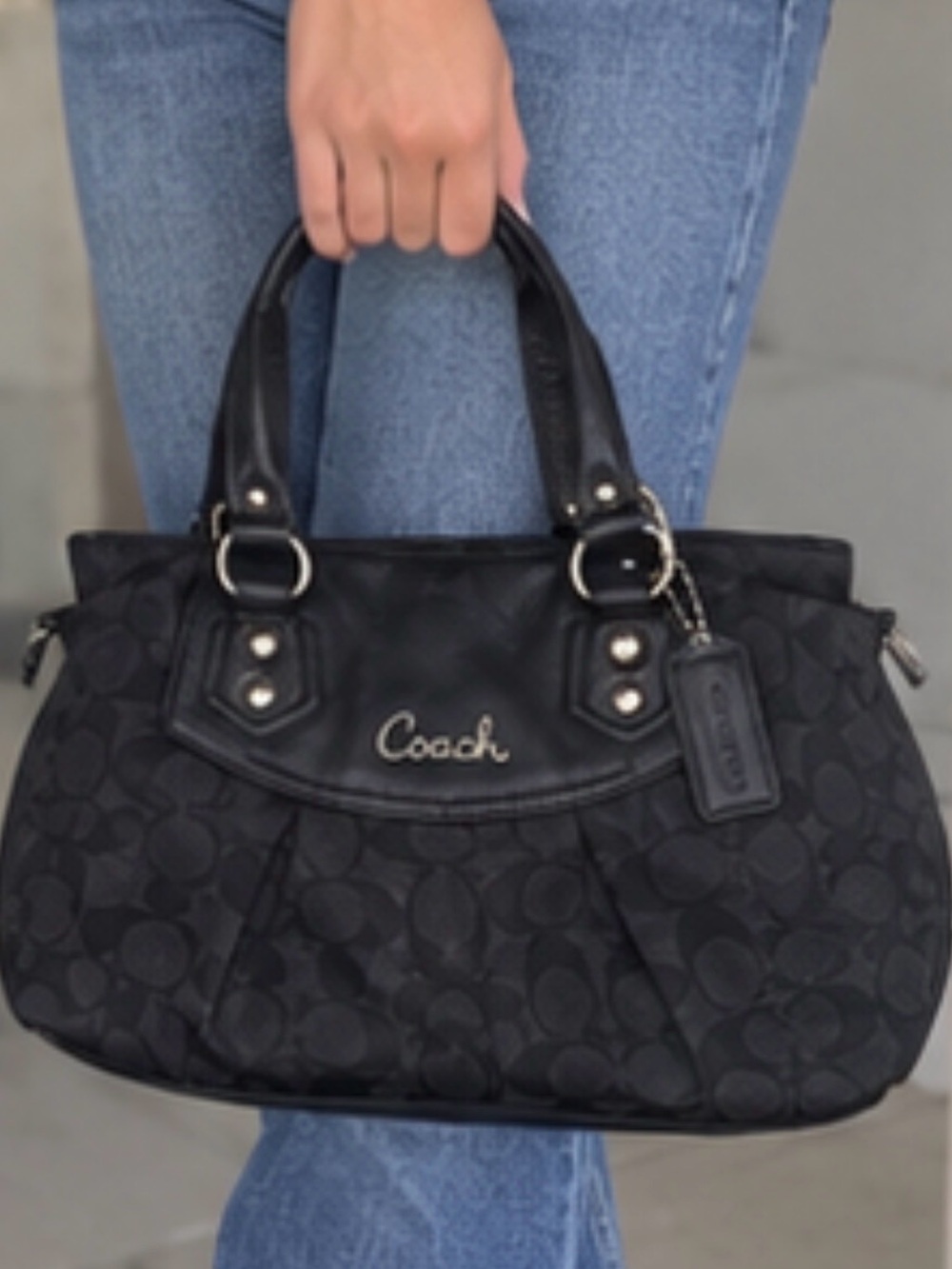 Coach Ashley Signature Black Sateen Satchel Shoulder Bag F19242